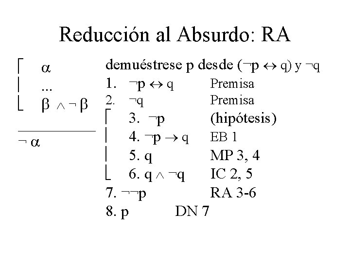 Reducción al Absurdo: RA . . . ¬ _____ ¬ demuéstrese p desde (¬p Reducción al Absurdo: RA . . . ¬ _____ ¬ demuéstrese p desde (¬p