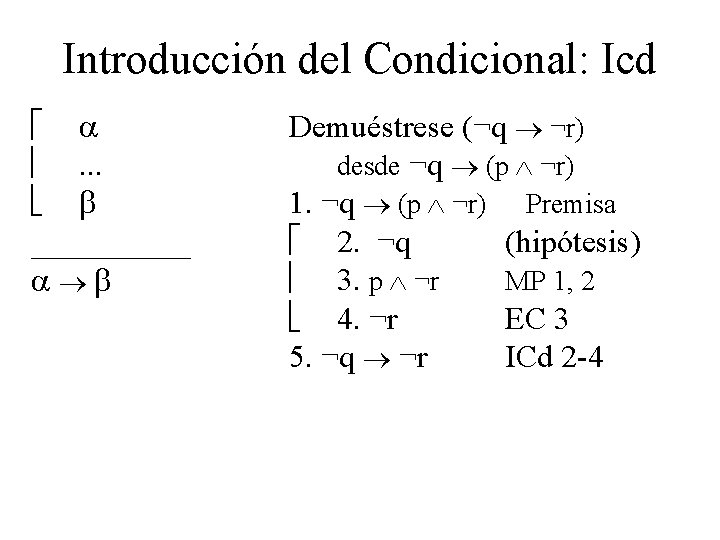 Introducción del Condicional: Icd . . . _____ Demuéstrese (¬q ¬r) desde ¬q (p Introducción del Condicional: Icd . . . _____ Demuéstrese (¬q ¬r) desde ¬q (p