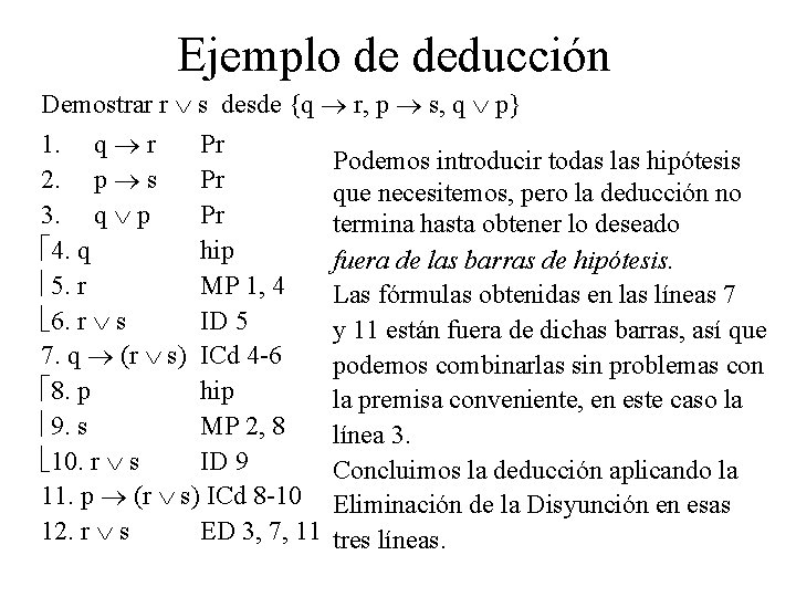 Ejemplo de deducción Demostrar r s desde {q r, p s, q p} 1. Ejemplo de deducción Demostrar r s desde {q r, p s, q p} 1.
