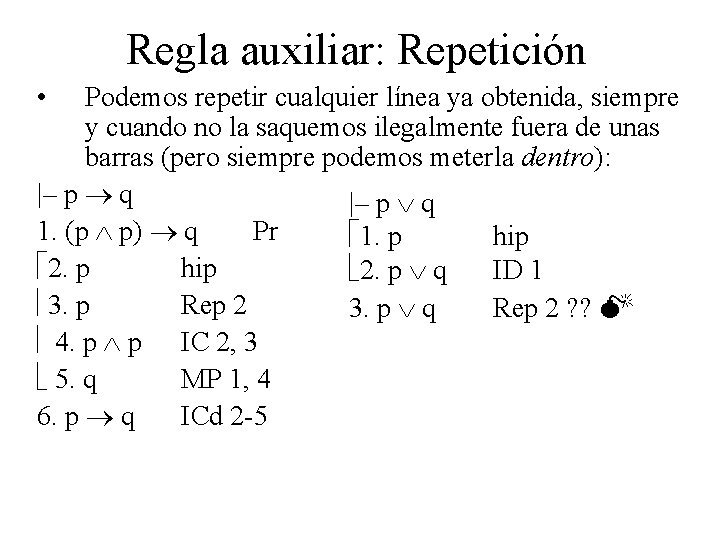 Regla auxiliar: Repetición • Podemos repetir cualquier línea ya obtenida, siempre y cuando no Regla auxiliar: Repetición • Podemos repetir cualquier línea ya obtenida, siempre y cuando no