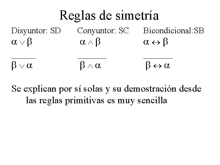 Reglas de simetría Disyuntor: SD Conyuntor: SC Bicondicional: SB ______ Se explican por sí Reglas de simetría Disyuntor: SD Conyuntor: SC Bicondicional: SB ______ Se explican por sí