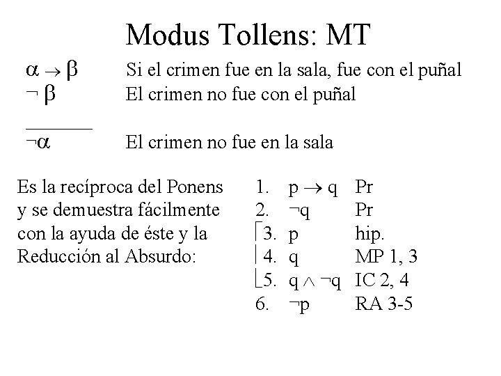 Modus Tollens: MT ¬ ______ ¬ Si el crimen fue en la sala, fue Modus Tollens: MT ¬ ______ ¬ Si el crimen fue en la sala, fue
