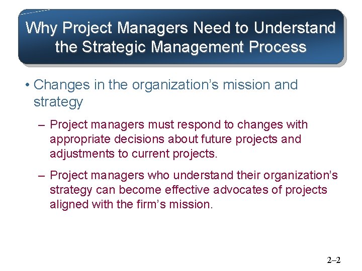 Why Project Managers Need to Understand the Strategic Management Process • Changes in the Why Project Managers Need to Understand the Strategic Management Process • Changes in the