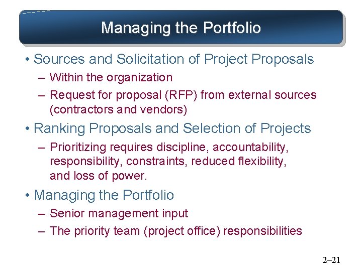 Managing the Portfolio • Sources and Solicitation of Project Proposals – Within the organization Managing the Portfolio • Sources and Solicitation of Project Proposals – Within the organization