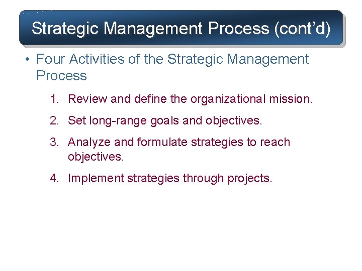 Strategic Management Process (cont’d) • Four Activities of the Strategic Management Process 1. Review Strategic Management Process (cont’d) • Four Activities of the Strategic Management Process 1. Review