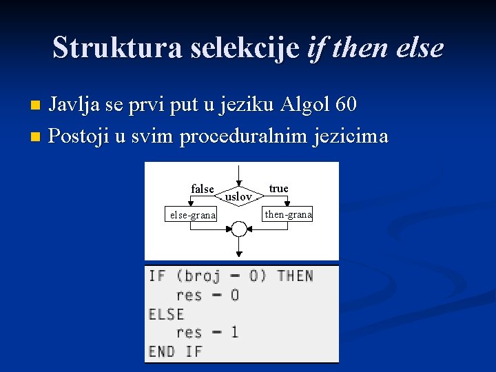 Struktura selekcije if then else Javlja se prvi put u jeziku Algol 60 n