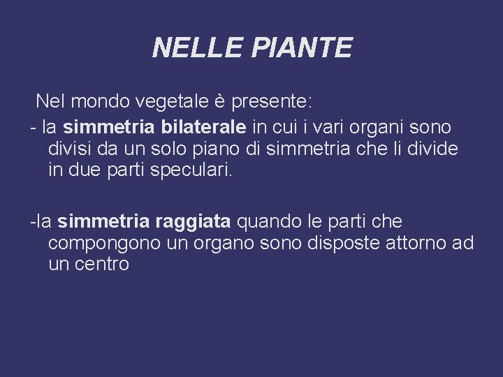 NELLE PIANTE Nel mondo vegetale è presente: - la simmetria bilaterale in cui i