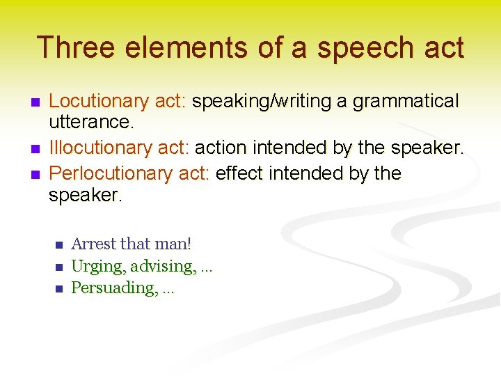 Three elements of a speech act n n n Locutionary act: speaking/writing a grammatical