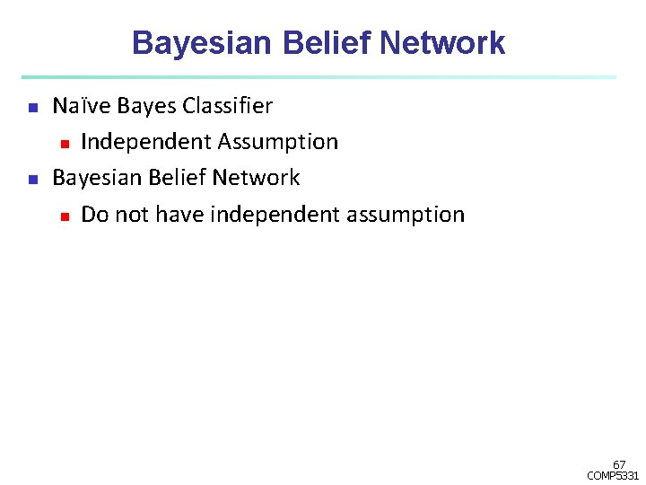 Bayesian Belief Network n n Naïve Bayes Classifier n Independent Assumption Bayesian Belief Network Bayesian Belief Network n n Naïve Bayes Classifier n Independent Assumption Bayesian Belief Network