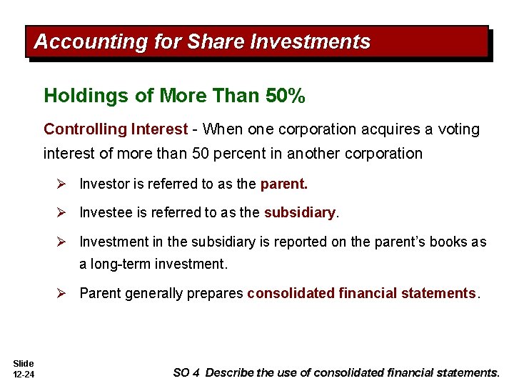 Accounting for Share Investments Holdings of More Than 50% Controlling Interest - When one