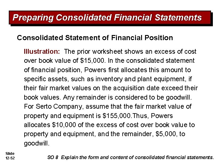 Preparing Consolidated Financial Statements Consolidated Statement of Financial Position Illustration: The prior worksheet shows