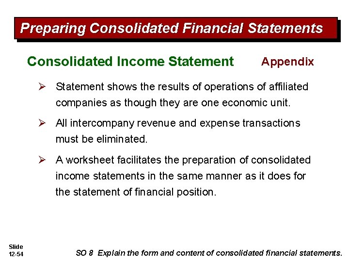 Preparing Consolidated Financial Statements Consolidated Income Statement Appendix Ø Statement shows the results of