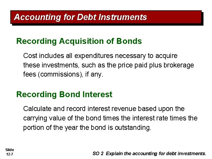 Accounting for Debt Instruments Recording Acquisition of Bonds Cost includes all expenditures necessary to