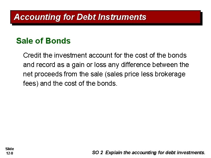 Accounting for Debt Instruments Sale of Bonds Credit the investment account for the cost