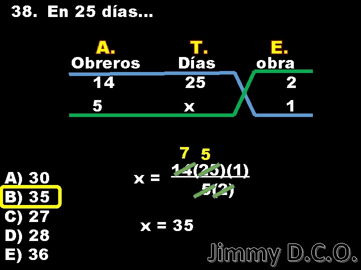 38. En 25 días… A. Obreros 14 5 A) 30 B) 35 C) 27