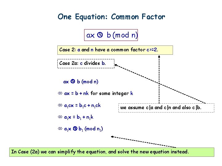 One Equation: Common Factor ax b (mod n) Case 2: a and n have