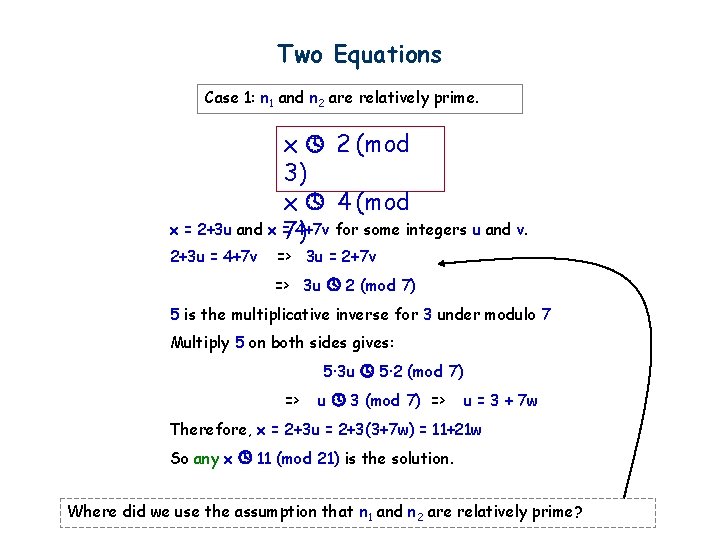 Two Equations Case 1: n 1 and n 2 are relatively prime. x 2