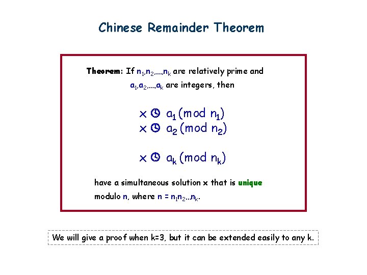 Chinese Remainder Theorem: If n 1, n 2, …, nk are relatively prime and
