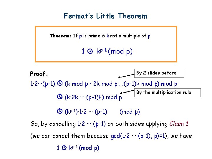 Fermat’s Little Theorem: If p is prime & k not a multiple of p