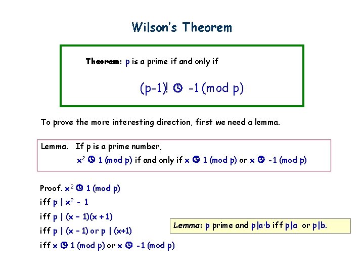 Wilson’s Theorem: p is a prime if and only if (p-1)! -1 (mod p)