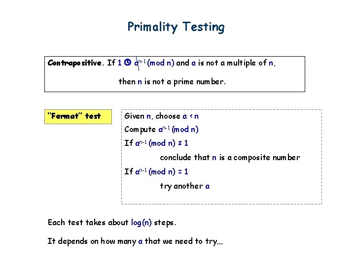 Primality Testing Contrapositive. If 1 an-1 (mod n) and a is not a multiple