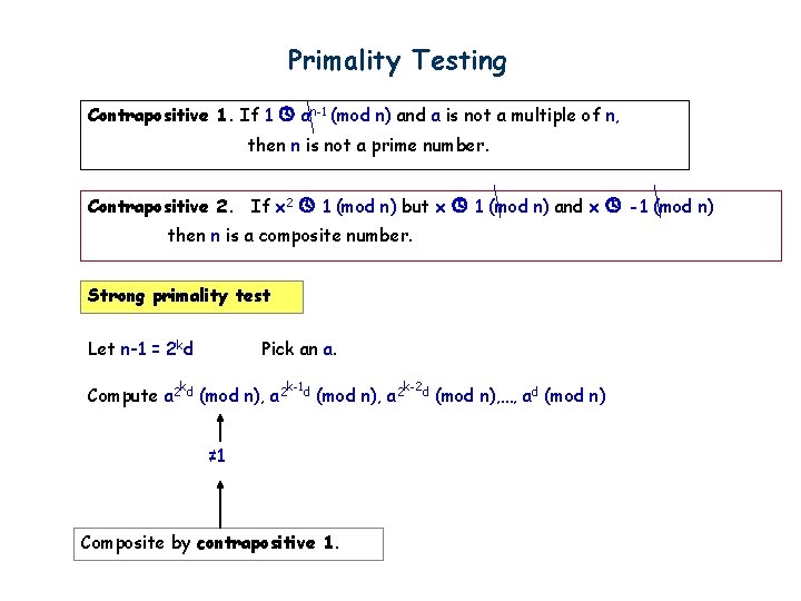 Primality Testing Contrapositive 1. If 1 an-1 (mod n) and a is not a