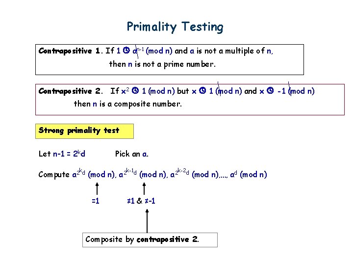 Primality Testing Contrapositive 1. If 1 an-1 (mod n) and a is not a