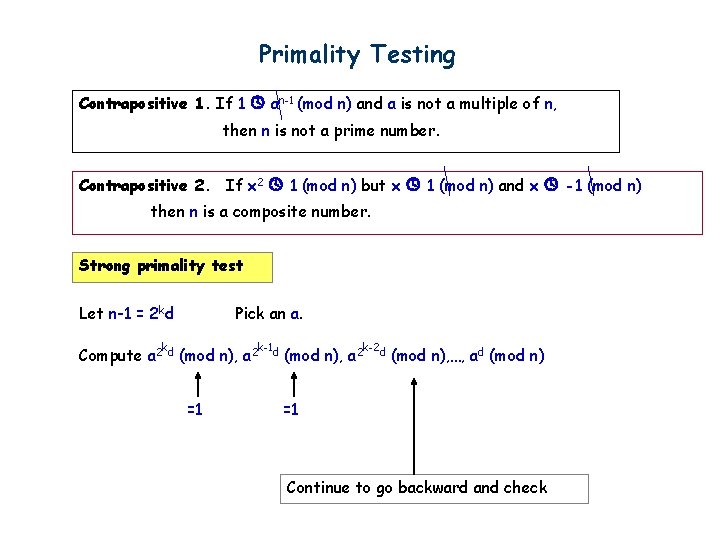 Primality Testing Contrapositive 1. If 1 an-1 (mod n) and a is not a