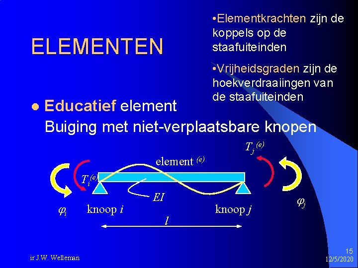 ELEMENTEN l • Elementkrachten zijn de koppels op de staafuiteinden • Vrijheidsgraden zijn de
