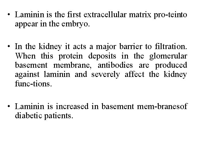  • Laminin is the first extracellular matrix pro tein to appear in the