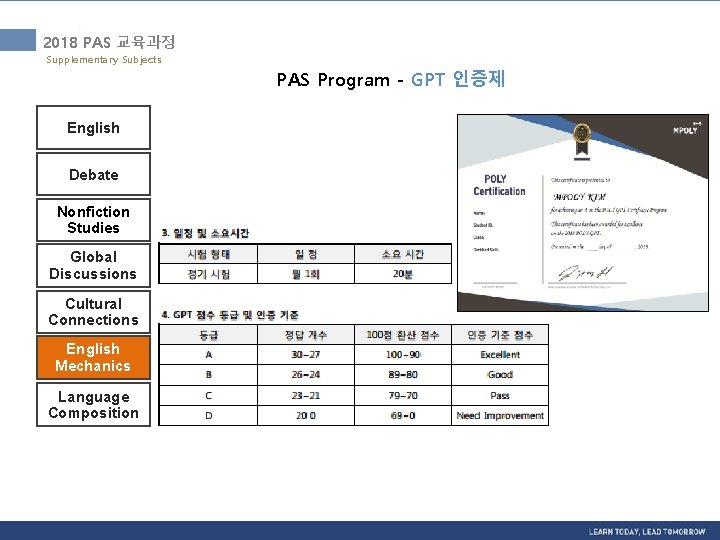 2018 PAS 교육과정 Supplementary Subjects PAS Program - GPT 인증제 English Debate Nonfiction Studies