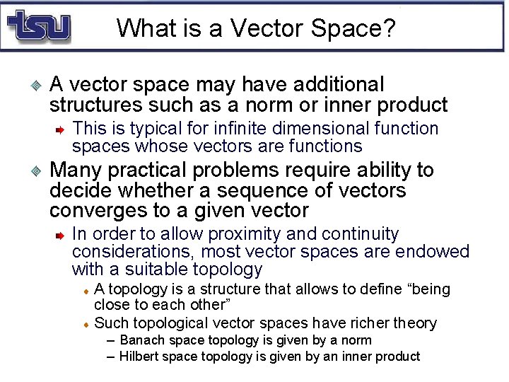 What is a Vector Space? A vector space may have additional structures such as