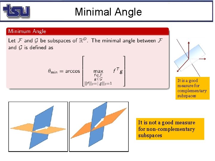 Minimal Angle It is a good measure for complementary subspaces It is not a