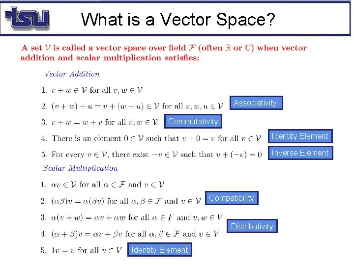 What is a Vector Space? Associativity Commutativity Identity Element Inverse Element Compatibility Distributivity Identity