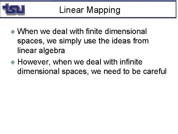 Linear Mapping When we deal with finite dimensional spaces, we simply use the ideas