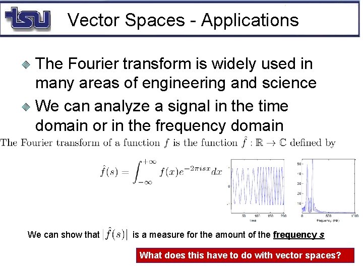 Vector Spaces - Applications The Fourier transform is widely used in many areas of