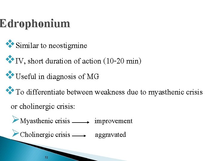 Edrophonium v. Similar to neostigmine v. IV, short duration of action (10 -20 min)