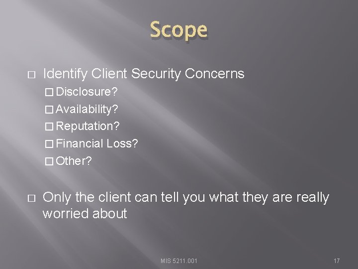 Scope � Identify Client Security Concerns � Disclosure? � Availability? � Reputation? � Financial