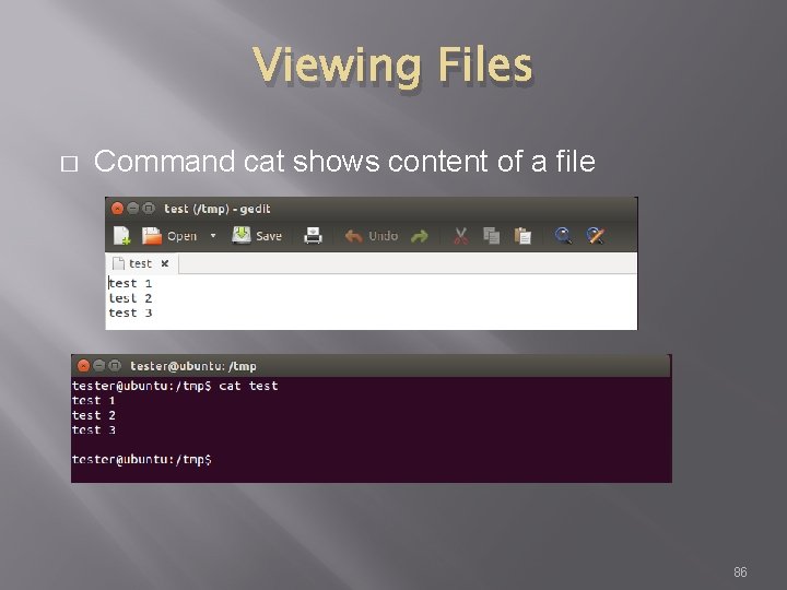 Viewing Files � Command cat shows content of a file 86 