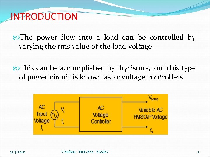 INTRODUCTION The power flow into a load can be controlled by varying the rms