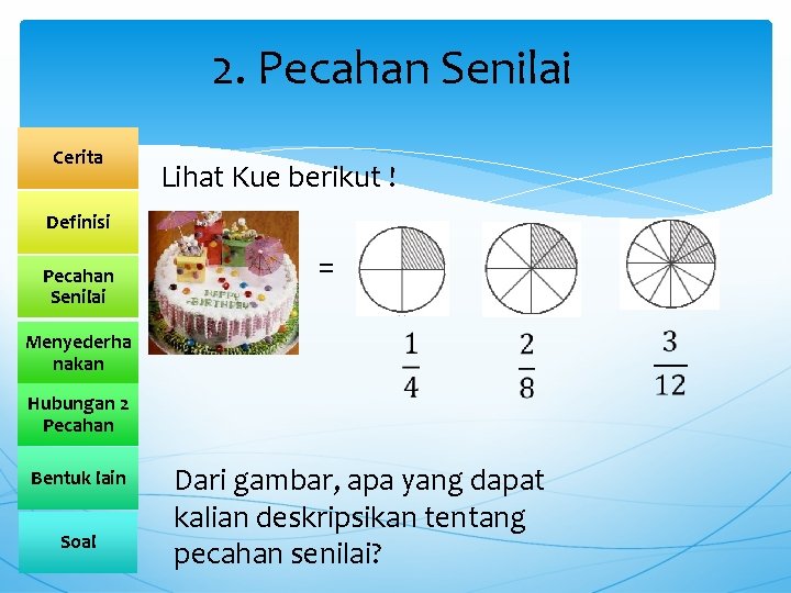 2. Pecahan Senilai Cerita Lihat Kue berikut ! Definisi Pecahan Senilai Menyederha nakan = 2. Pecahan Senilai Cerita Lihat Kue berikut ! Definisi Pecahan Senilai Menyederha nakan =