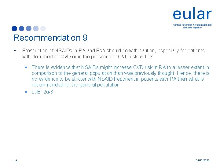 Recommendation 9 • Prescription of NSAIDs in RA and Ps. A should be with