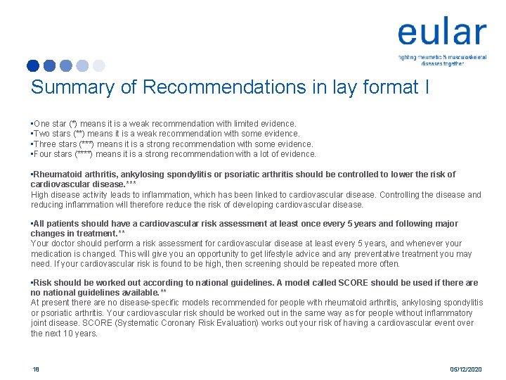 Summary of Recommendations in lay format I • One star (*) means it is Summary of Recommendations in lay format I • One star (*) means it is
