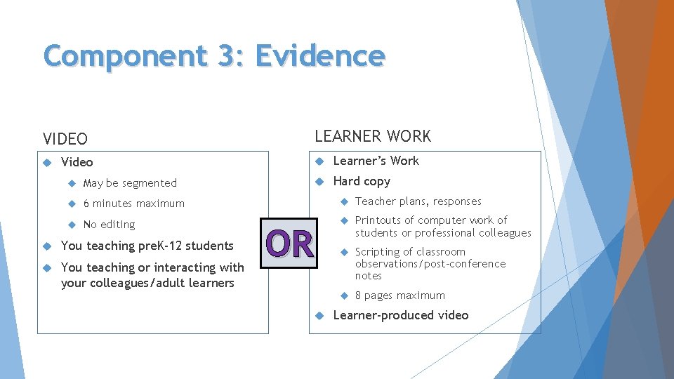 Component 3: Evidence VIDEO Video LEARNER WORK Learner’s Work Hard copy May be segmented