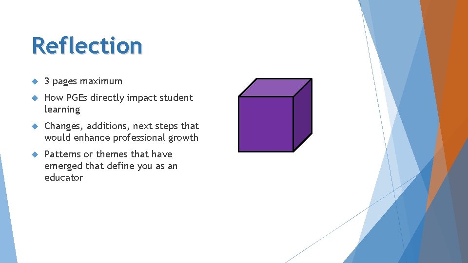 Reflection 3 pages maximum How PGEs directly impact student learning Changes, additions, next steps