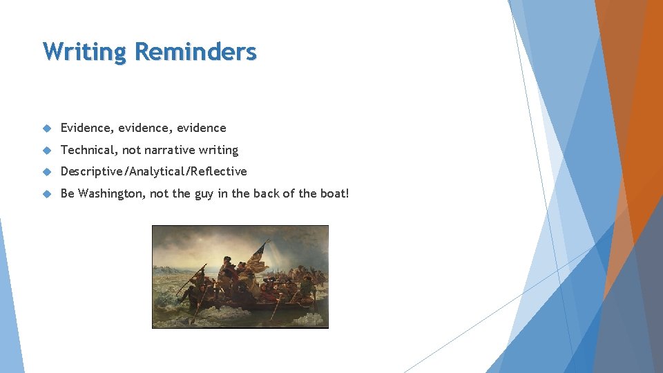 Writing Reminders Evidence, evidence Technical, not narrative writing Descriptive/Analytical/Reflective Be Washington, not the guy