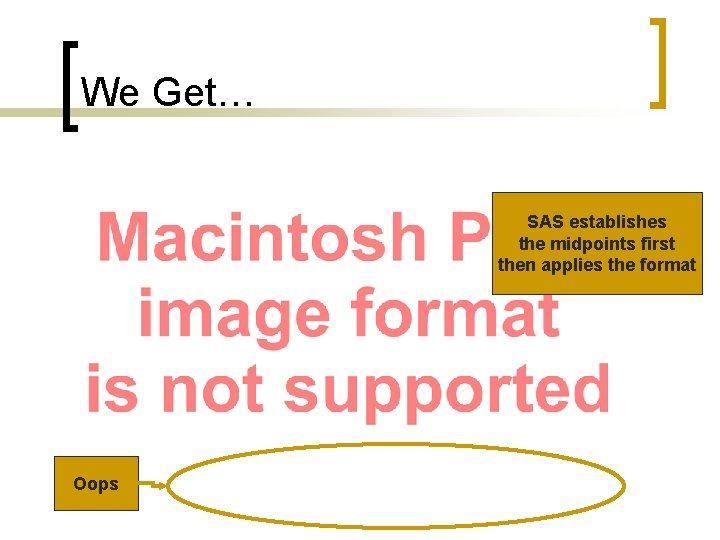 We Get… SAS establishes the midpoints first then applies the format Oops 