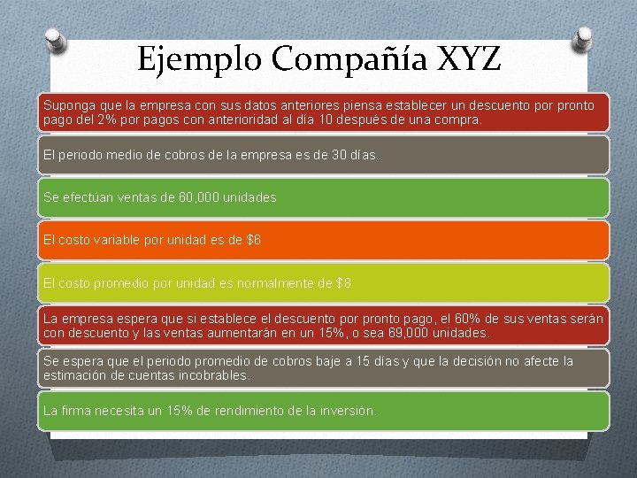 Ejemplo Compañía XYZ Suponga que la empresa con sus datos anteriores piensa establecer un