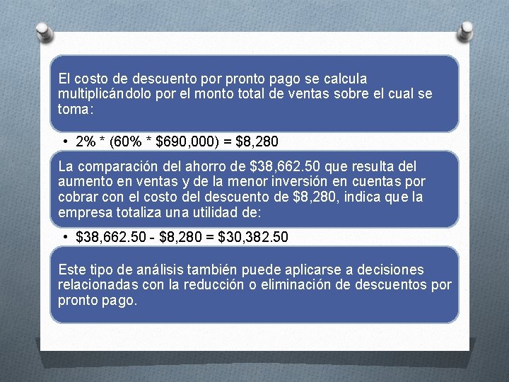 El costo de descuento por pronto pago se calcula multiplicándolo por el monto total