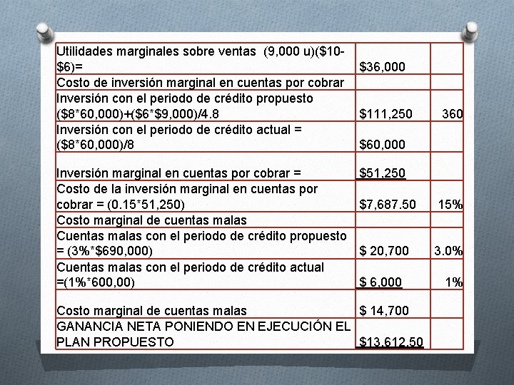 Utilidades marginales sobre ventas (9, 000 u)($10$6)= $36, 000 Costo de inversión marginal en